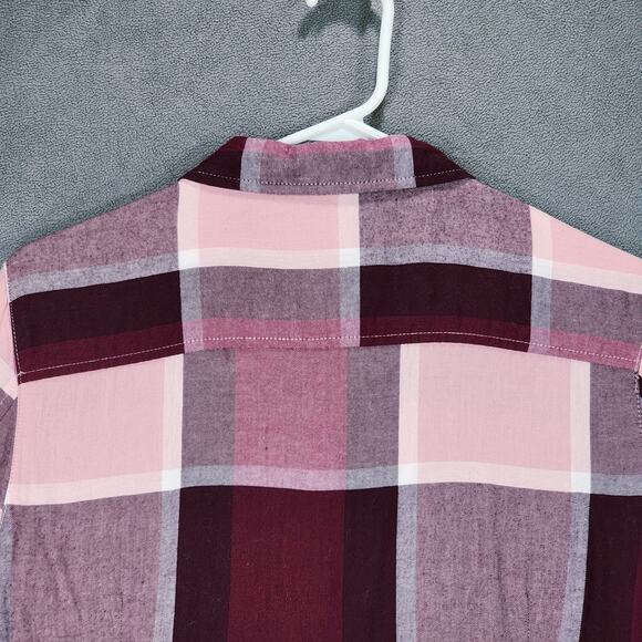 Tommy Hilfiger Button Up Shirt sz M Women Buffalo Plaid Red Purple Pink Roll Tab - Picture 11 of 12